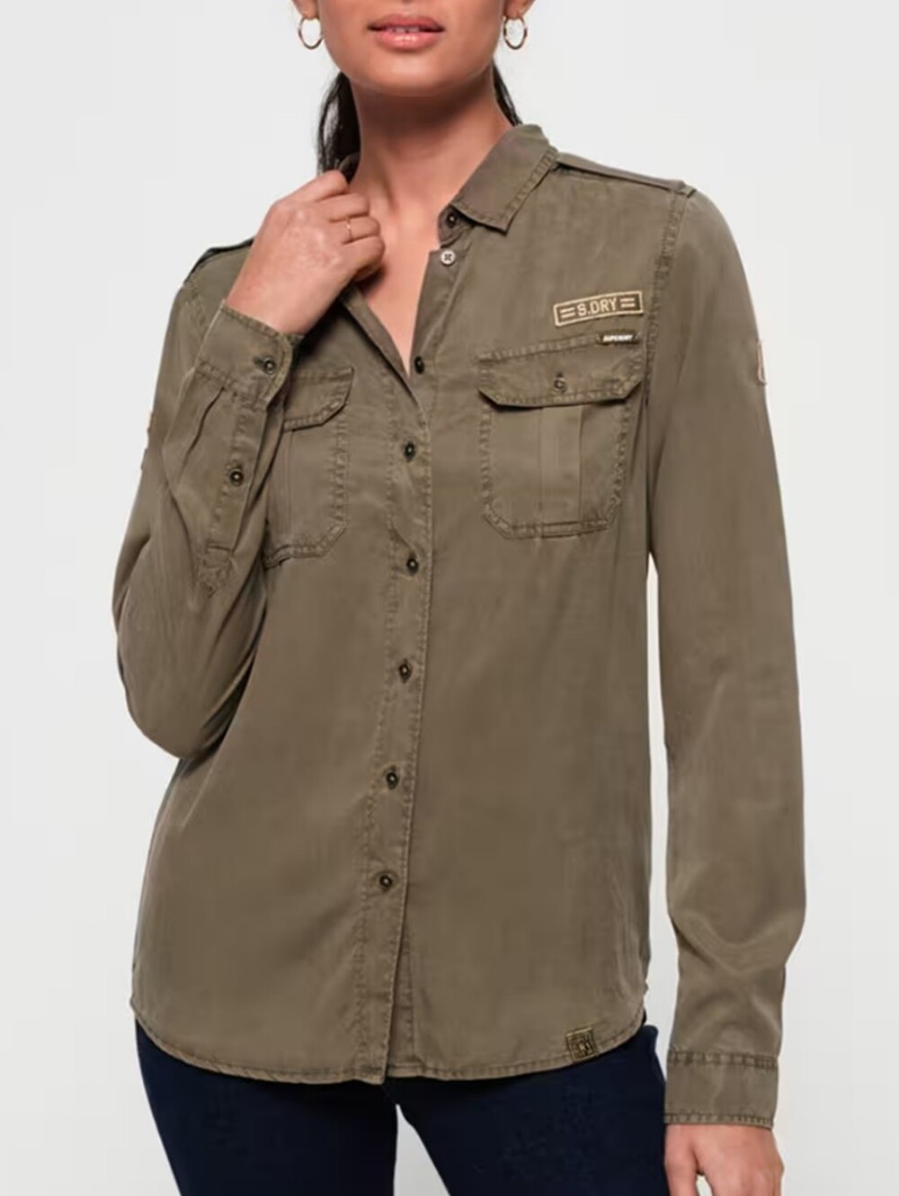 100% Lyocell Superdry Millitary Green Khaki Olive Utility Button-Up Shirt